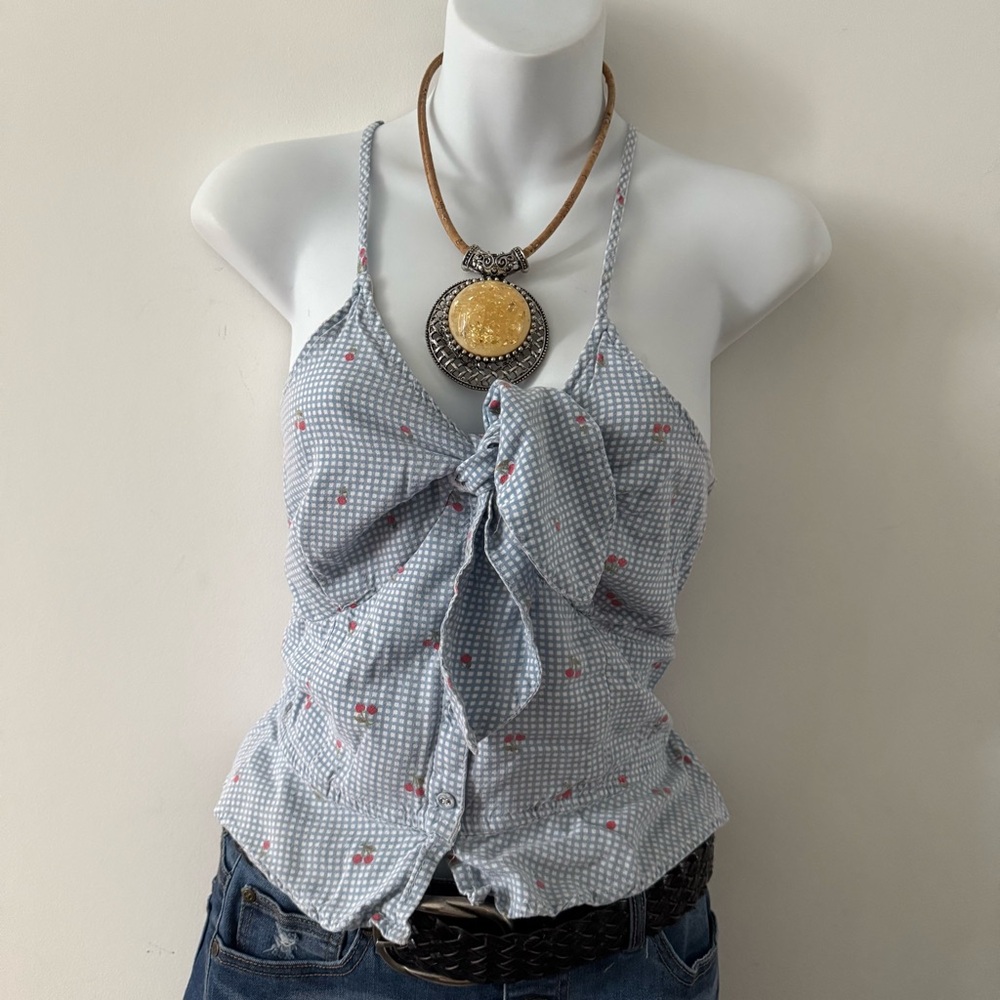 Women's Blue Gingham Top with front Bow Detail and back